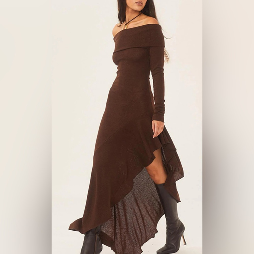 Bateau Neck Long Sleeve Maxi Dress